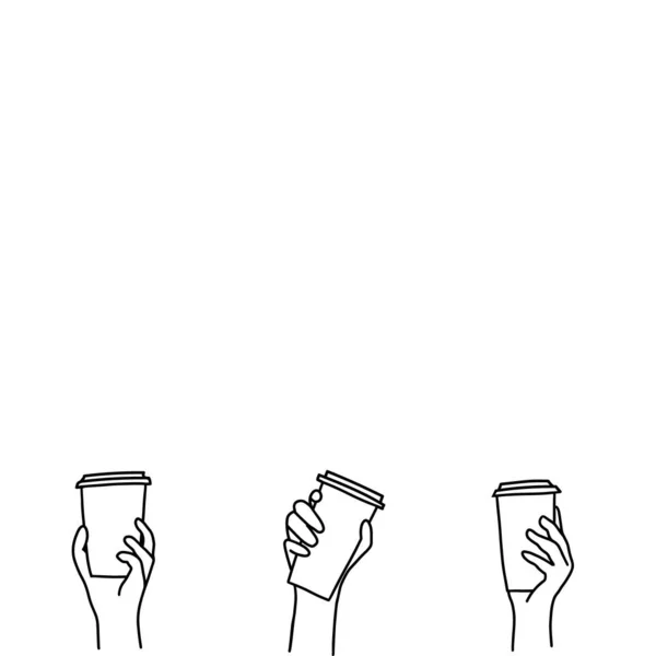 一组手绘涂鸦素描矢量画图 从侧面看各种男性和女性手握咖啡或茶的一次性纸杯 因白人背景而被隔离 — 图库矢量图片