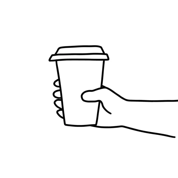紙コップを移動するために使い捨てコーヒーやお茶を保持する側面ビューで男性または女性の手の手描きのドアスケッチベクトルイラスト 白地に隔離された — ストックベクタ