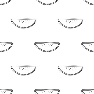 Kusursuz desenli el çizimi karpuz diliminin vektör çizimi. Arkaplan, tekstil tasarımı, duvar kâğıdı için iyi. Çizgi film çizim biçimi geri ve beyaz renkler