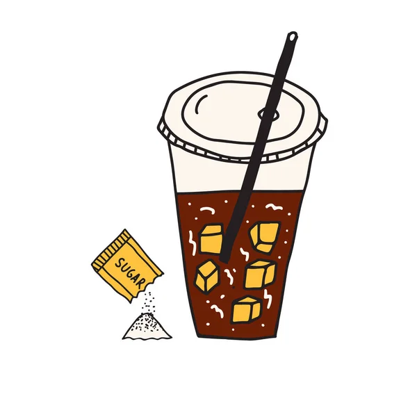 Handgezeichnete Doodle Vektor Illustration Von Eiskaffee Mit Eiswürfeln Einer Plastik — Stockvektor