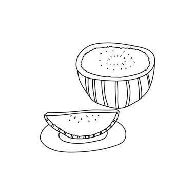 Elle çizilmiş vektör çizimi, yarım olgun karpuz ve tabakta bir dilim karpuz. Çizgi film çizim biçimi beyaz arkaplanda izole edildi