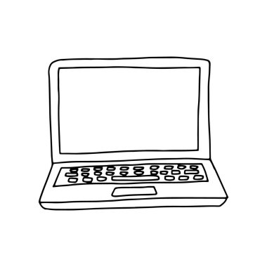 Boş ekranlı tek dizüstü bilgisayarın elle çizilmiş çizim stili vektör çizimi. Ön manzara. Siyah, beyaz arkaplanda izole.