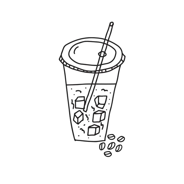 ストローでカップに行くためにプラスチック中の氷のキューブとアイスコーヒーの手描きのドアベクトルイラスト 白地に隔離された — ストックベクタ