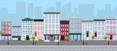Yürürlükteki apartman binaları, evler, dükkanlar, kafeler, yollarda lambaları, bankları, yangın musluğu, ağaçlar ve gökdelenleri olan şehir manzaralı restoranlar olan Summer City Caddesi 'nin düz vektör çizimi. Kasaba caddesinde insan yok. 