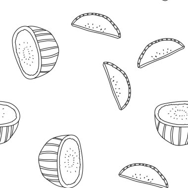 Kusursuz desenli el çizimi vektör çizimi yarım olgun karpuz ve bir dilim karpuz. Arkaplan, tekstil tasarımı, duvar kâğıdı için iyi. Çizgi film çizim biçimi geri ve beyaz renkler