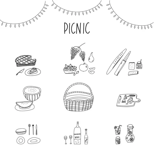 Handgezeichnete Stilisierte Vektorillustration Von Picknickkorb Picknicktisch Snacks Wein Bier Limonade — Stockvektor
