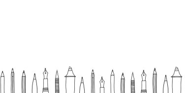 Ekranın altında çeşitli kalem, kalem, işaret ve fosforlu kalemlerin el çizimi çizimi çizimi tasviri yatay düzende. Web sayfası arkaplan pankartı tasarımı için. İzole edilmiş