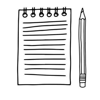 Metin ve kalem için yeri olan sarmal kâğıt not defterinin el çizimi çizimi çizimi çizimi tasviri. Konsepti not alıyorum. Beyaz arkaplanda izole