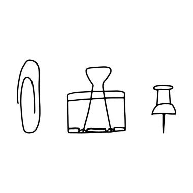 Zımba, klasör klipleri ve ofis broşlarının el çizimi çizimi çizimi çizimi tasviri. Siyah, beyaz arkaplanda izole.