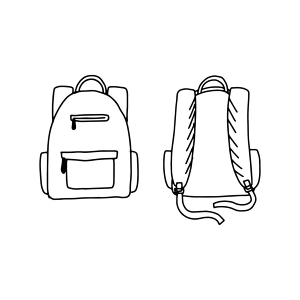 Desenhado à mão desenho do doodle estilo ilustração vetorial da mochila escolar. À frente e atrás. Preto isolado sobre fundo branco. — Vetor de Stock