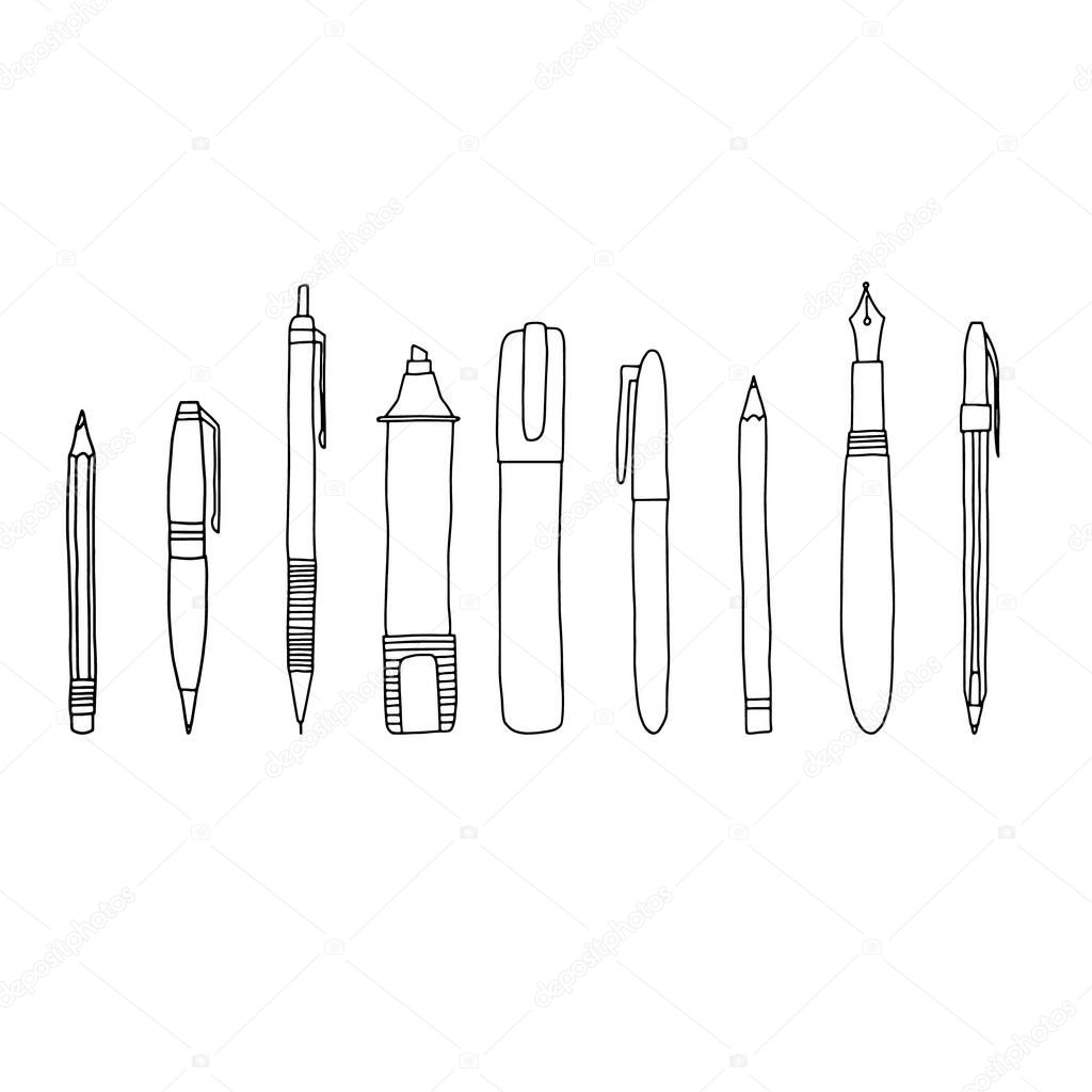 Hand drawn doodle sketch style vector illustration of various pens, pencils, markers and highlighters in horizontal layout. For webpage background banner design. Black, isolated on white background.