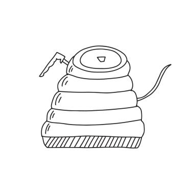 Sıcak kahve demlemek için geleneksel kaz boynu çaydanlığının el çizimi çizimi vektör çizimi. Beyaz arkaplanda izole.