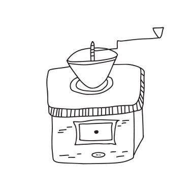 Eski zamanlarda kahve çekirdeğini öğütmek için kullanılan klasik kahve değirmeninin el çizimi çizimi vektör çizimi. Beyaz arkaplanda izole.