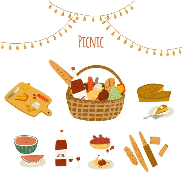 Ilustrasi vektor bergaya tangan dari keranjang piknik pesta, meja piknik, makanan ringan, anggur, bir, limun, buah-buahan, keju, pai, melon air dan karangan bunga pesta. Corat-coret abstrak kartun - Stok Vektor