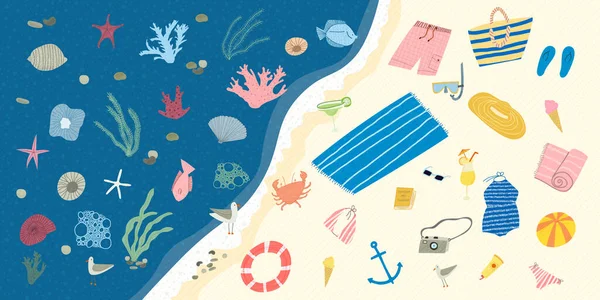 Ilustración Vectorial Dibujada Mano Del Conjunto Con Artículos Playa Vacaciones — Vector de stock