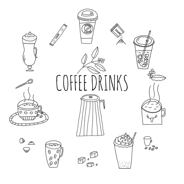 Dibujado Mano Doodle Vector Ilustración Conjunto Varias Bebidas Café Vidrio — Vector de stock