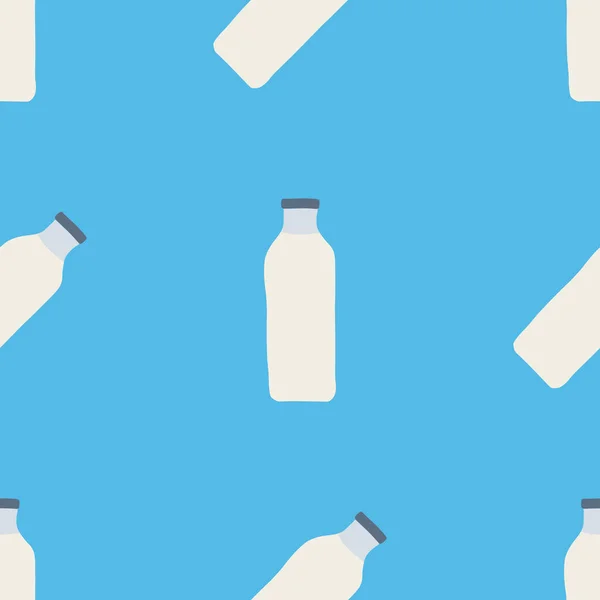 手描きのドールラインスタイルで牛乳ボトルのシームレスなパターン 青い背景のベクトル図 — ストックベクタ