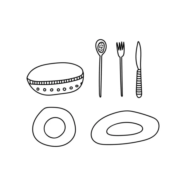 Hand Drawn Vector Illustration Kitchen Utensils Plates Bowl Spoon Fork — Stock Vector