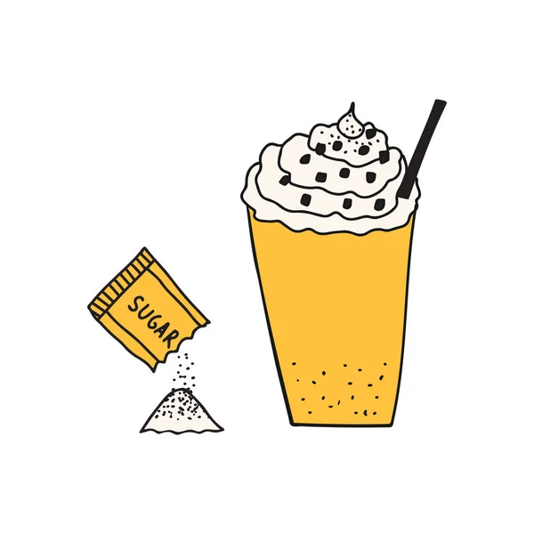 Dibujado a mano doodle vector ilustración de frappe dulce bebida de café con espuma y crema batida en la parte superior en un plástico para ir taza con una paja. Aislado sobre fondo blanco. — Vector de stock