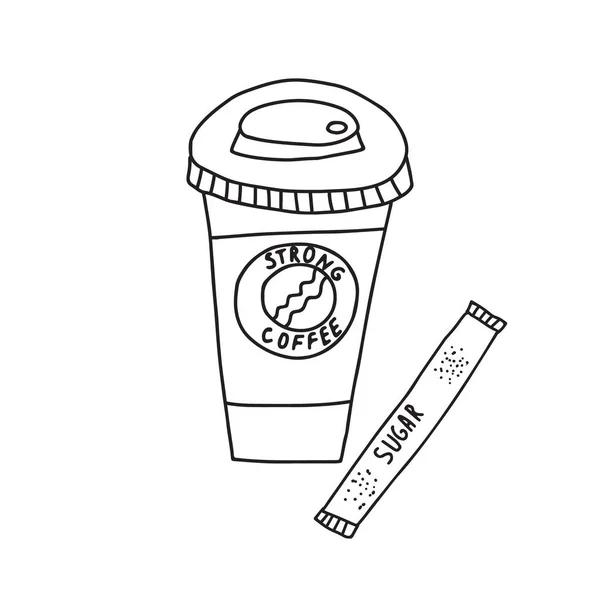 紙の中にホットコーヒーの手描きドアベクトルイラストは保護棚とカップに移動します。白地に隔離された. — ストックベクタ