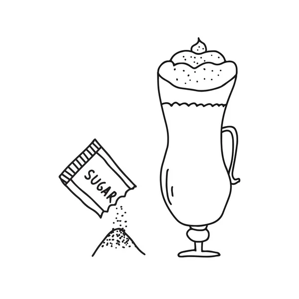 Ilustração vetor doodle desenhado à mão de deliciosa xícara quente de cappuccino com um pacote de açúcar. Isolado sobre fundo branco. —  Vetores de Stock