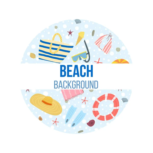 Ilustração vetorial desenhada à mão do conjunto com itens de praia de férias de verão chapéu, protetor solar, maiô, sorvete. Cartão, convite, banner, redondo, modelo. — Vetor de Stock