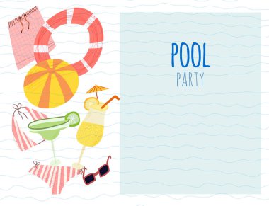 Plaj için el çizimi vektör çizimi, deniz teması. Davetiye, tebrik kartı, satış afişi, metin için yeri olan broşür tasarımı.