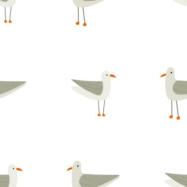 Komik, şirin, dikişsiz martıların el çizimi çizimi. Arka planlar, arkaplanlar, kumaşlar ve ambalaj kağıtları için denizcilik teması