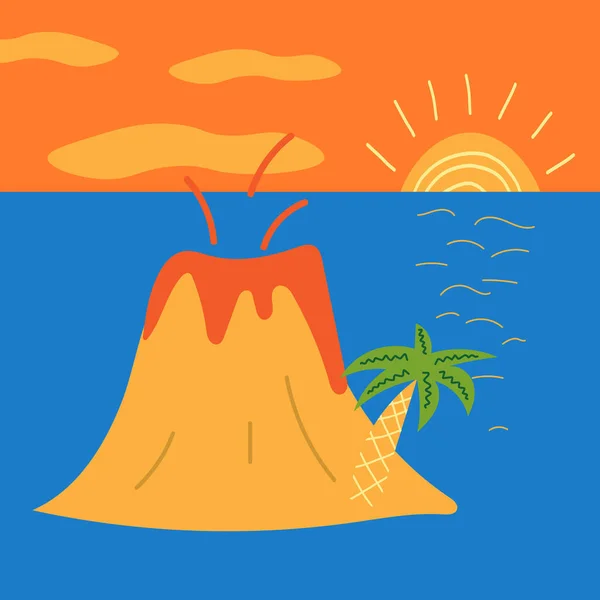 Hand drawn cartoon vector illustration of cute ocean island wiht volcano and palm tree and sun setting in the water — Stock Vector