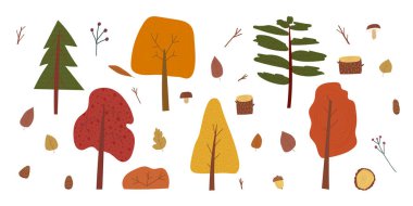 Elle çizilmiş çizgi film vektör illüstrasyon seti sonbahar doğa orman manzarası arka plan elementleri kırmızı, turuncu, sarı ağaçlar, yapraklar, palamut, mantarlar.