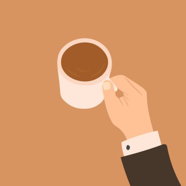 El çizimi renk çizimi vektör çizimi, erkek elinin kahve fincanını üst görüntüde tutuşu. İzole edilmiş. İş yeri kahve saati. Bir fincan kahve..