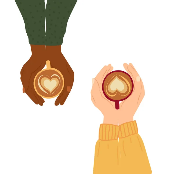 Handgezeichnete Farbskizze Vektor-Illustration von schwarz-weißen weiblichen Händen mit Pullover in einer Draufsicht mit Cappuccino-Tasse mit Schaumstoffherz-Dekoration. Konzept der Vielfalt, gemütlich, warm, Freundschaft — Stockvektor