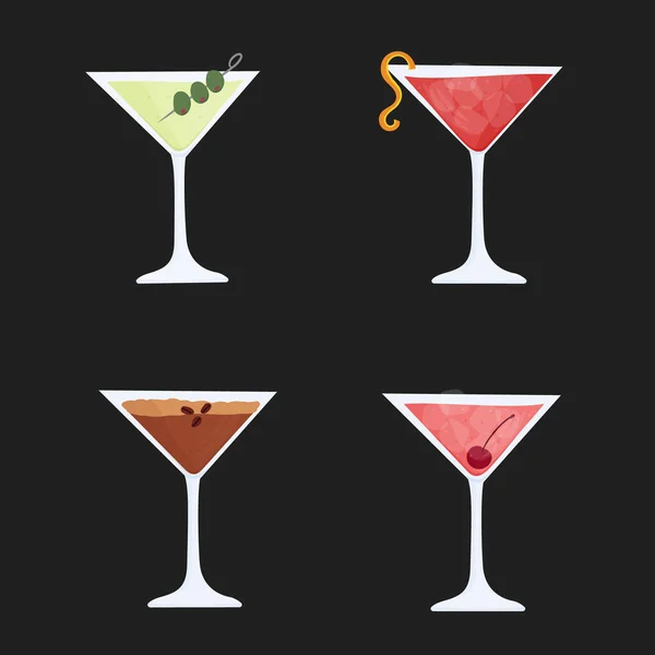 Illustrazione vettoriale disegnata a mano di bicchieri con Dirty Martini, Cosmopolitan, Manhattan cocktails. Isolato su sfondo bianco. — Vettoriale Stock