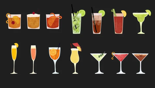 Handgezeichnete Vektorillustrationen beliebter Alkoholgetränke. Verschiedene Cocktails. Isoliert auf weißem Hintergrund — Stockvektor
