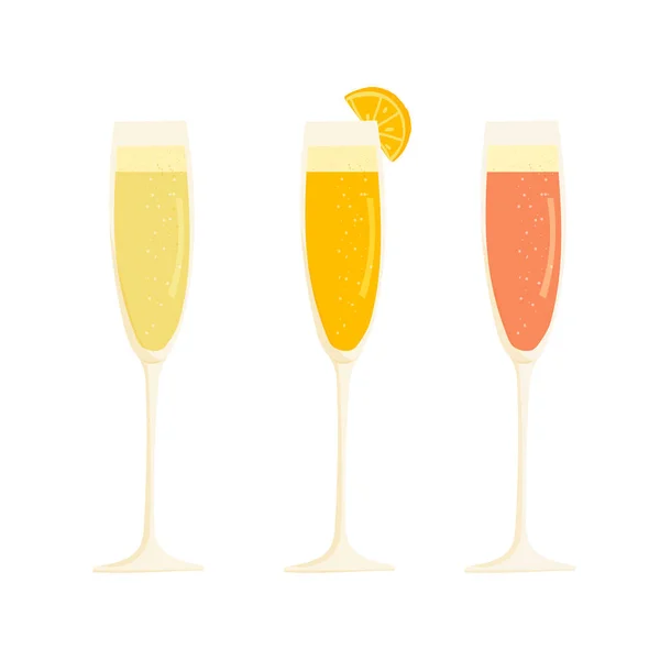 Cocktails álcool Mimosa e Bellini com Champanhe, suco de laranja, fatia de laranja. — Vetor de Stock