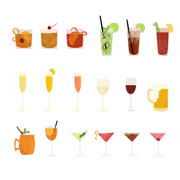 Dibujado a mano vector ilustración conjunto de varios cócteles. Bebidas alcohólicas populares Aisladas sobre fondo blanco. — Vector de stock