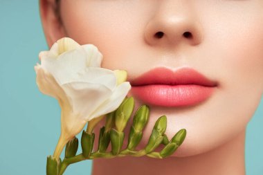 Çiçekli güzel bir manken. Mükemmel kadın makyajını yakından yapar. Ruj.