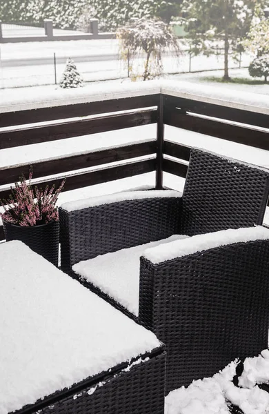Close View Snowy Synthetic Plastic Rathan Glass Garden Furniture Cold — стоковое фото