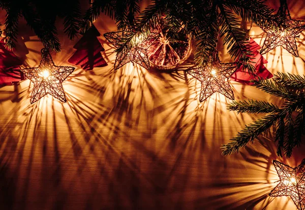 Christmas Background Upper Border Spruce Tree Branches Star Shape Party — Fotografia de Stock
