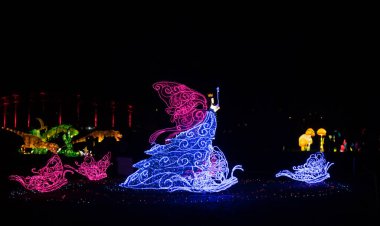 Tallinn, Harjumaa- Estonya-21DEC2019: Tallinn Lauluvljak bölgesinde 2019 kışında gezici Işık Festivali. Lider ışıklarla aydınlatılmış bir sürü ipek heykel.