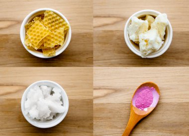 Collage of different crafts products for homemade beauty and make up products making. Yellow raw beeswax, beige Shea butter chunks, pink coloring powder on wood spoon and white coconut oil butter.  clipart