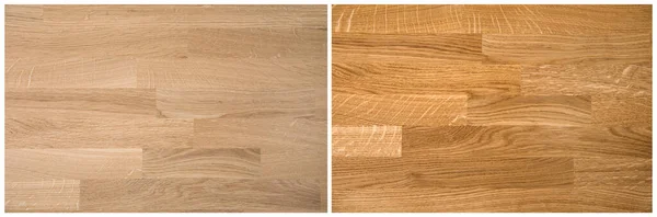 Natural color oak tree wood board kitchen countertop unprocessed before on left and after oiling processed after on right. Home renovation construction business concept.