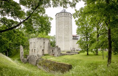 Paide, Jrvamaa, Estonya-04JUL2020: Jrva 'nın Vallimgi kentindeki Paide Vallitorn and Harabeleri.