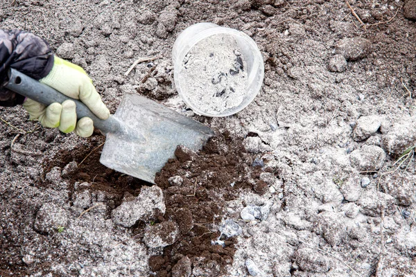 Trädgårdsmästare Blanda Trä Bränna Aska Pulver Trädgården Svart Jord För — Stockfoto