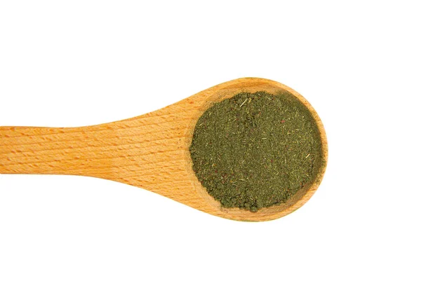 Επίπεδη Θέα Του Πράσινου Χρώματος Σκόνη Superfood Detox Ξύλο Κουτάλι — Φωτογραφία Αρχείου