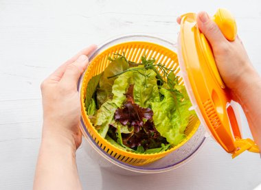 Kadın elinin el ele tutuşması ve kurutma salatasının dönen alet çanağında, içinde sağlıklı yapraklı yeşillikler. Salata yapraklarını kurutmak ve yıkamak için rahat bir yol..