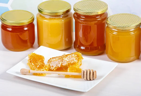 Lot Various Honey Jars Row Different Color Honey Light Background — Stock Photo, Image