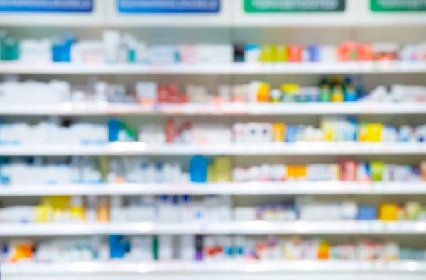 Homályos Gyógyszertári Háttér Homályos Gyógyszerek Polcokon Gyógyszertárban — Stock Fotó
