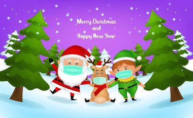 Mutlu Noeller ve yeni yılınız kutlu olsun. Noel Baba, Elf ve Vektör Riandeer ile Mutlu Noeller..