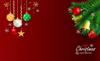 Merry Christmas and Happy New Year. Xmas decorative design elements on red background. Horizontal Christmas posters, greeting cards. Objects viewed from above.